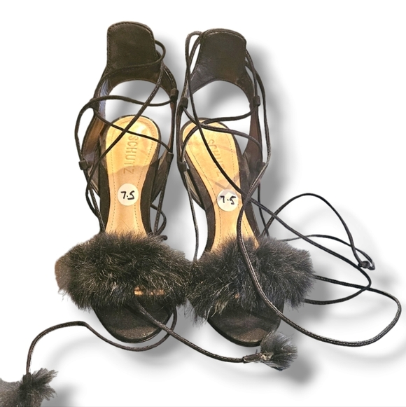 Women's Black Lace Up high-heeled shoes. Fur Pompom Accents. Size 7.5 - Picture 5 of 5